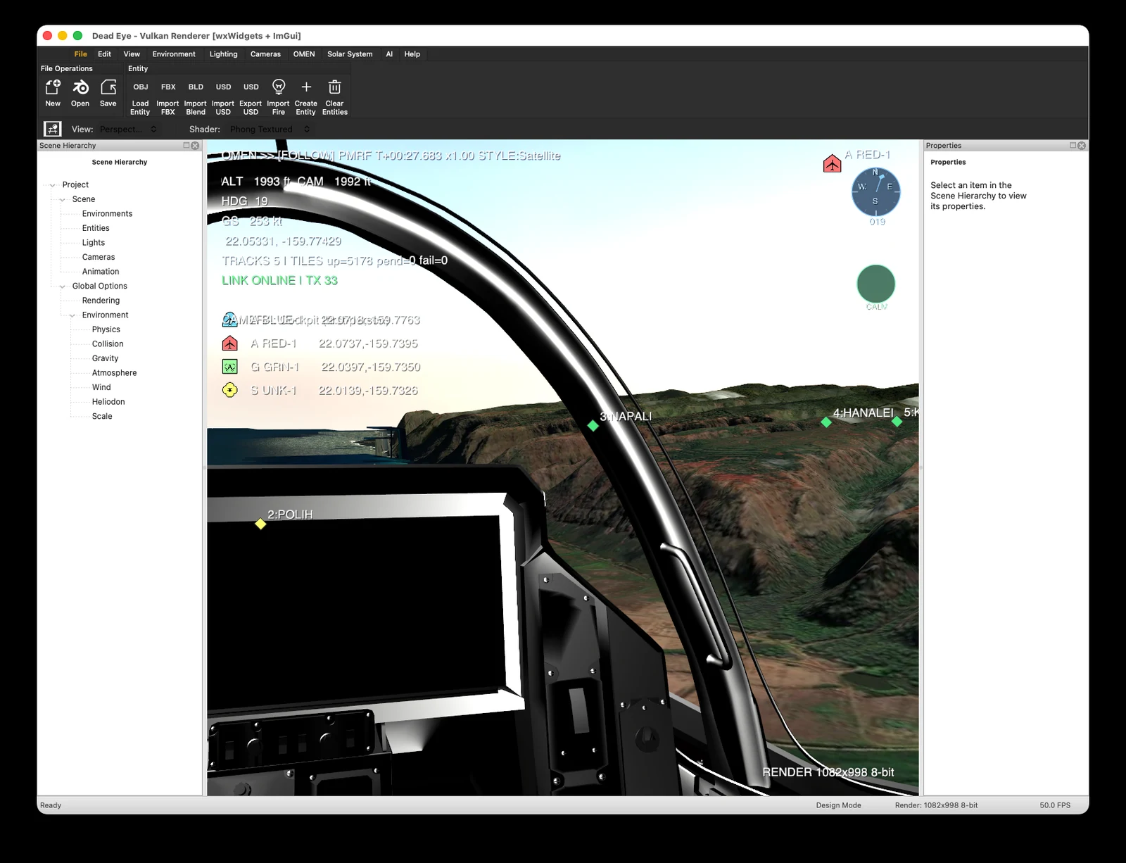 An out-the-canopy cockpit view over the Na Pali coast of Kauai, with waypoints and live tracks overlaid, rendered in DeadEye&trade;